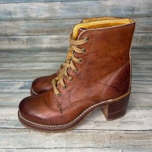 Frye Sabrina Boot Cognac Combat Womens Size‎ 5.5 Brown Heel Lace Up